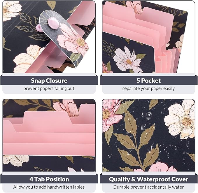 SKYDUE Expanding File Folder with 5 Pockets, Accordion File Organizer,Portable Receipt Paper Documents Organizer,Letter Size Filing Folder School Office Supplies,Navy Blue