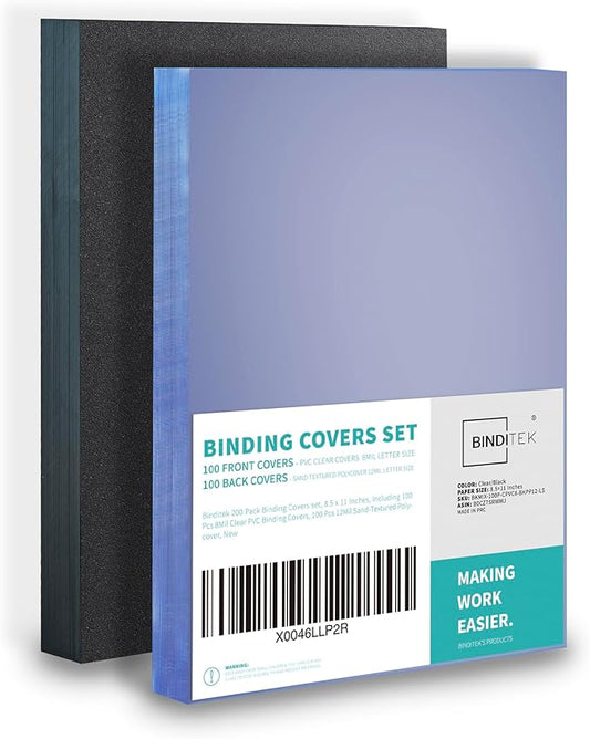 Binditek 200 Pack Binding Covers and Backs Set, 8.5 x 11 Inches, 100 Clear PVC (8Mil), 100 Sand-Textured Polycovers (12Mil), Letter Size