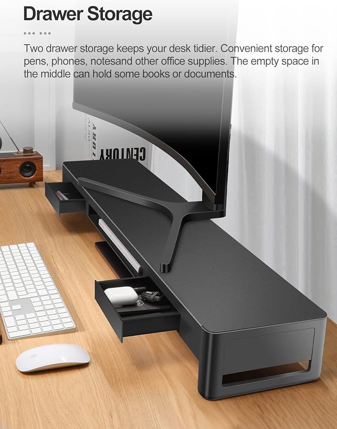meatanty Dual Monitor Stand Riser with 2 Storage Drawers, Metal Computer Monitor Stand Monitor Shelf with Pull Out Drawer, Keyboard and Mouse Storage Desktop Organizer for PC,Laptop,iMac,TV,Printer