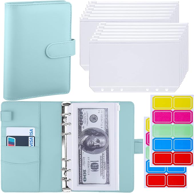 Antner A6 Budget Binder with Zipper Cash Envelopes for Money Organizer & Budgeting, PU Budget Planner Money Saving Binder with Cash Stuffing Envelopes & Labels for Home Office Travel, Mint Blue