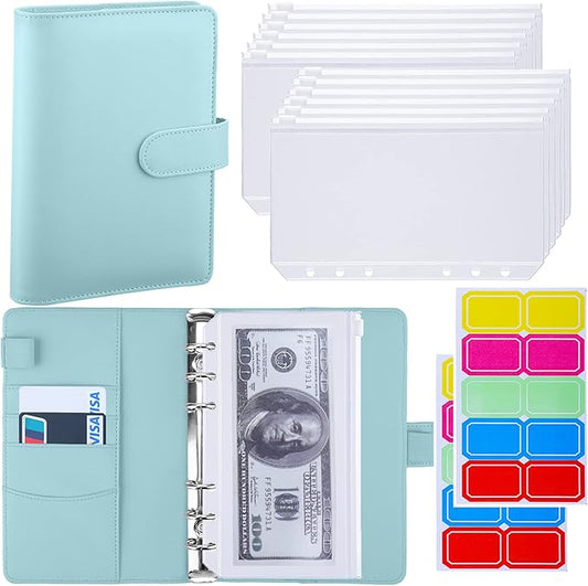 Antner A6 Budget Binder with Zipper Cash Envelopes for Money Organizer & Budgeting, PU Budget Planner Money Saving Binder with Cash Stuffing Envelopes & Labels for Home Office Travel, Mint Blue