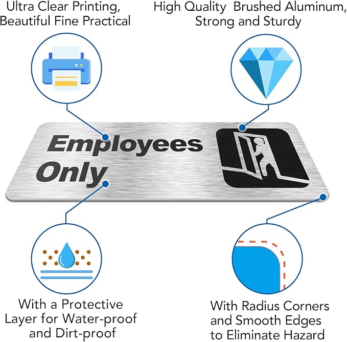 Faittoo Employees Only Sign, (4 Pack) 9 X 3 Inches Informative Rust Free Brushed Aluminum Sign with Symbols, Fade Resistant, Use for Door of Office/Business, Easy to Install