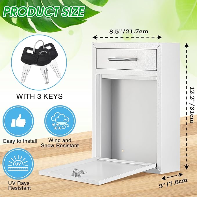 Locking Mailbox with Key for Outdoor 12.2 x 8.5 x 3 Inches Large Wall Mount Mail Box with Lock Security Mail Drop Metal Collection Boxes Hanging Secure Postbox(Creamy White)