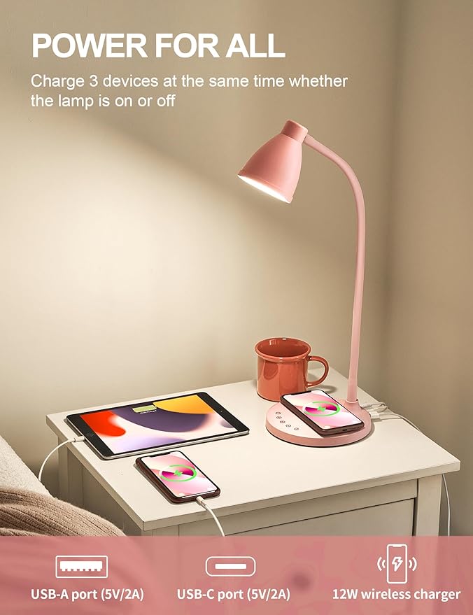 BOHON Cute Desk Lamp with USB C+A Charging Ports, Wireless Charger Pink Lamp, 5 Colors Stepless Dimming Reading Light, Touch Bedside Table Lamp, LED Desk Light for Home Office College Dorm Room Pink