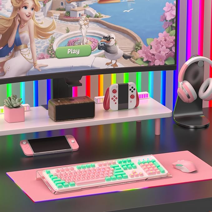 Ergonomic Computer Keyboard Stand - 17 Inch Clear Acrylic Keyboard Riser for Desk Tilted Keyboard Holder Tray with Memo Board & Pink Non-Slip Strip for Home Office Easy Typing & Working