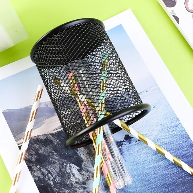 Ameceres 4 Packs Wire Mesh Pencil Holder Metal Pen Cup Desk Pen Organizer Case Pencil Jar Black for Office Home (Silver)