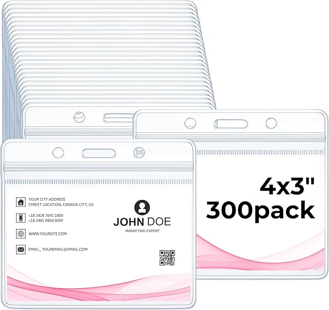 300 Pcs Clear Plastic Horizontal Name Badge ID Card Holders, 3.9 x 3.3 in Horizontal Plastic Name Tags with Waterproof Resealable Zip Transparent PVC Sleeve Cover for Office School