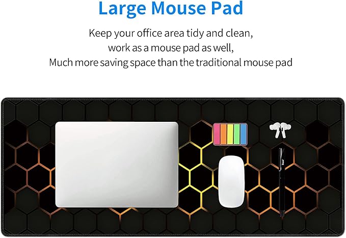 Hexagon Honeycomb Golden Large Mouse Pad, Gaming Desk Mat, XL Extended Keyboard Desk Pad, 31.5"x11.8" Non-Slip Rubber Base Big Mousepad with Stitched Edges for Home and Office