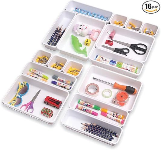 Set of 16 Interlocking Desk Drawer Organizer Tray Dividers Plastic Shallow Narrow Drawers Organizers Separators Storage Bins Container for Kitchen Bathroom Makeup Office Vanity Bedroom Dresser White