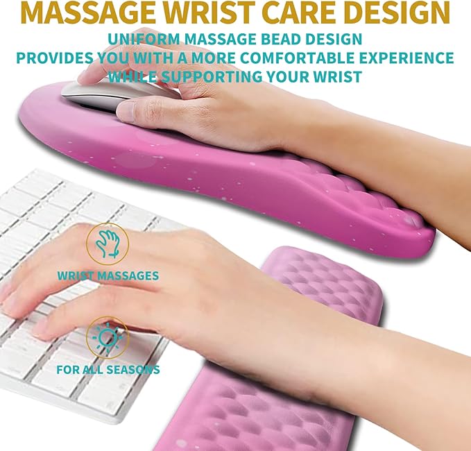 Hokafenle 2 in 1 Ergonomic Mouse Pad Wrist Support & Wrist Rest for Computer Keyboard Set, with Relieve Carpal Tunnel Pain Massage Bulge and Full Memory Gel Design (2In1 Set, Sweet Pink)