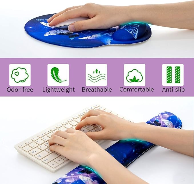 RICHEN Keyboard Wrist Rest and Mouse Pad with Wrist Support, Memory Foam Set for Gaming and Office, Comfortable & Lightweight for Easy Typing & Pain Relief (White Butterflies)