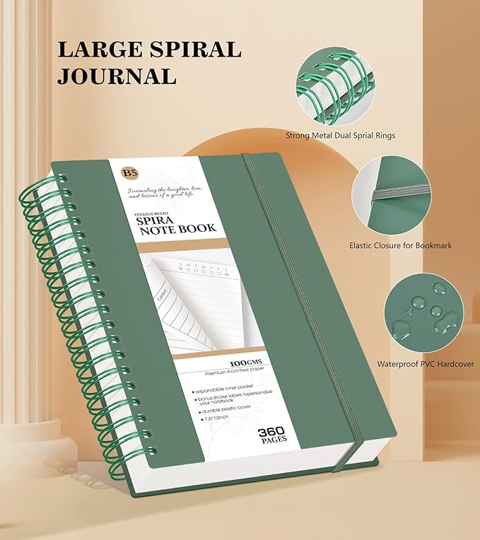 Spiral Notebook Journal,360 Pages College Ruled Notebook, Lined Thick Journals for Women Men,A5 Thick Spiral Journal for Writing,100GSM Paper, Spiral Notebooks for Work School 5.5"x8.5" Green