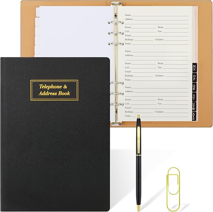 Refillable Address Book Binder with Alphabetical Tabs, 648 Entry Space Large Print Telephone Book, PU Leather Contact Book with Tabs & Pockets & Pen for Seniors Office Home