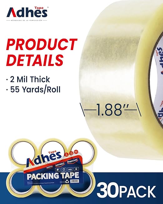 ADHES Heavy Duty Packing Tape, 30 Rolls, 1.88 Inch x 55 Yards, 2 mil Shipping Tape Refills, Packaging Tape, Box Tape for Moving, Shipping, Mailing and Sealing