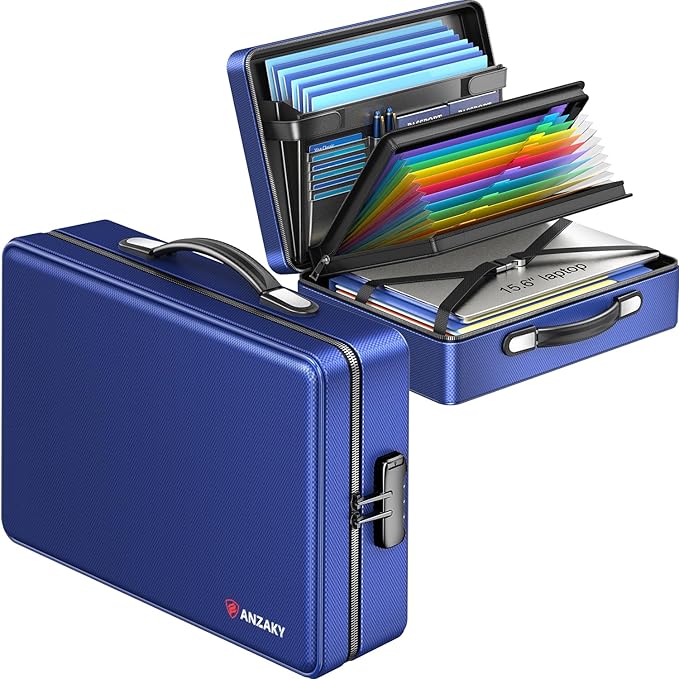 Fireproof Document Box with Fireproof Zipper, Hard Inner Shell Fireproof Document Bag with Lock, Fireproof Water Resistant Important Document Organizer 16 inch Laptop File Briefcase (Blue)