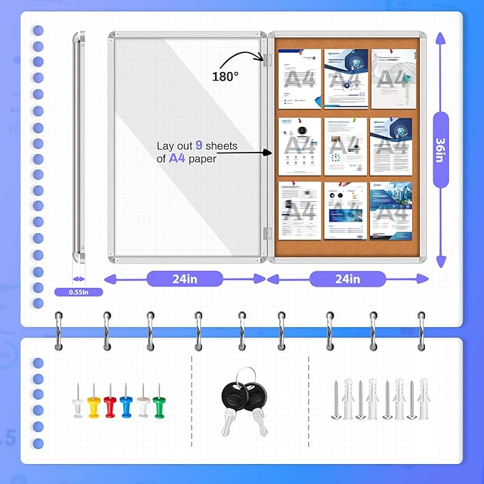 Magula 36"x24" Enclosed Cork Bulletin Board Tamper-Proof Dispaly Case, Aluminium Frame, Shatter Resistant Lockable Bulletin Board, Enclosed Cork Board for School, Office, Commercial, Hospital etc
