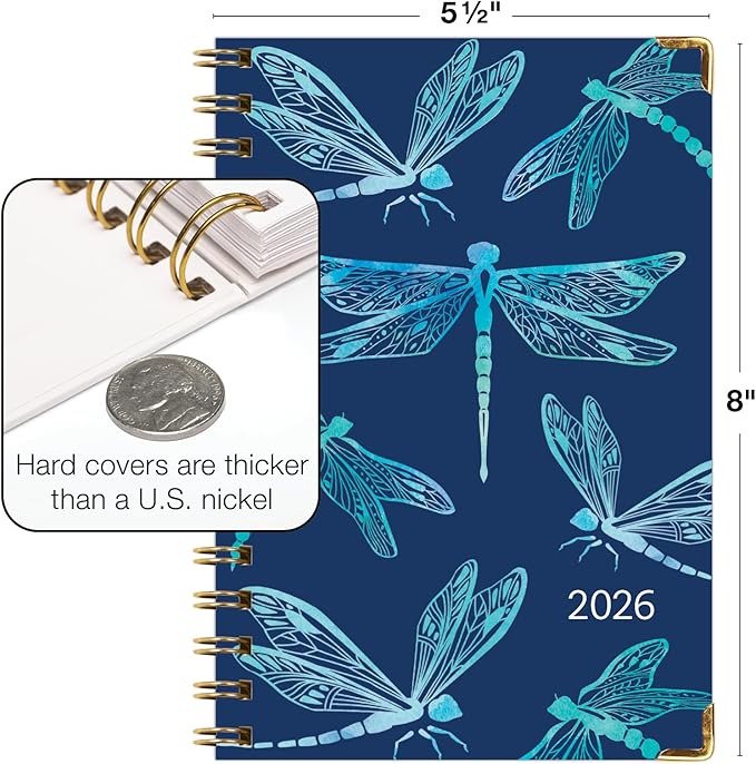 HARDCOVER 2026 Planner, 5.5"x8": 14 Months (November 2025 - December 2026), Daily Weekly Monthly Planner, Yearly Agenda, Bookmark, Pocket Folder and Sticky Note Set (Dragonflies)
