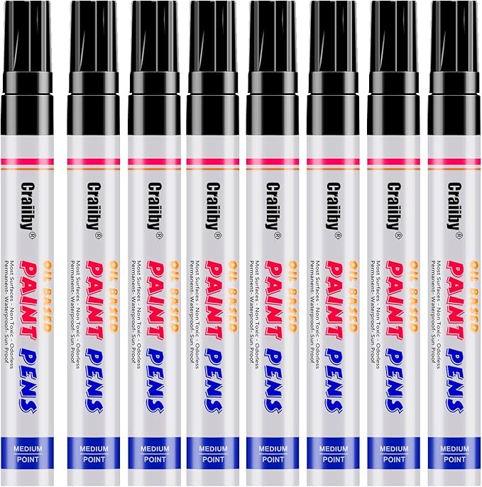 Black Paint Markers, 8 Pack Oil-Based Waterproof Quick Dry Permanent Paint Pen Set for Rocks Painting, Wood, Fabric, Plastic, Canvas, Glass, Mugs, Metal, Tire, Stone, DIY Craft