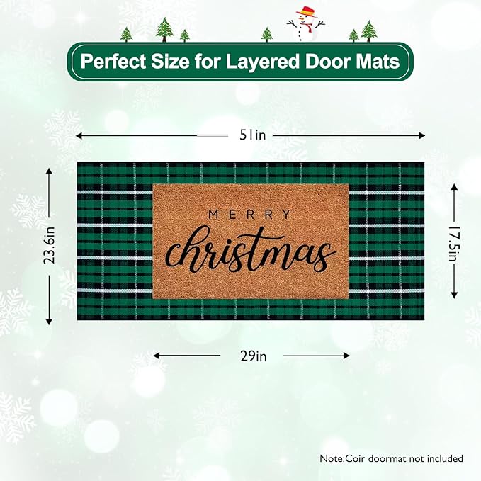 KIMODE Christmas Door Mats 24"x51", Buffalo Plaid Checkered Outdoor Rug Decor, Black and Green Reversible Farmhouse Front Porch Rug, Washable Cotton Woven Welcome Mats for Entryway Kitchen