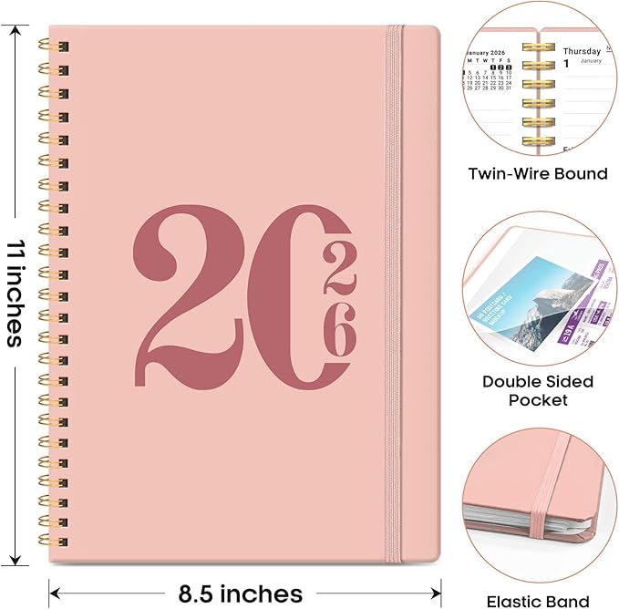 2026 Planner, Weekly and Monthly Calender Planner, Jan 2026 to Dec 2026, Hardcover 2026 Calendar Planner Book with Tabs & Inner Pocket, Office Home School Supplies for Women & Men - A4 (8.5" x 11"), Pink