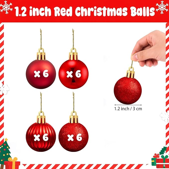Set of 24 Small Red Christmas Ornaments Balls for Christmas Tree, 1.2 inch Mini Red Ornaments for Mini Tree, Tiny Plastic Shatterproof Hanging Bulbs Xmas Valentine Party Indoor Outdoor Decorations