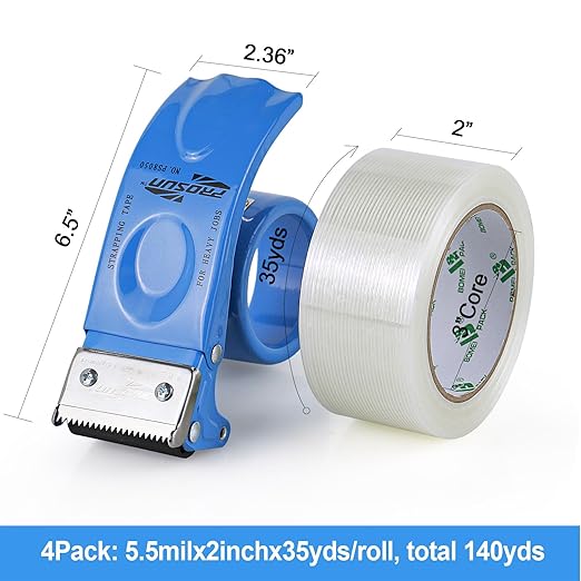 BOMEI PACK Strapping Tape 2Inch with Dispenser, Heavy Duty Fiberglass Reinforced Packing Tape with String for Moving and Shipping, 4Rolls x 5.5Mil x 35Yds, Total 140Yds