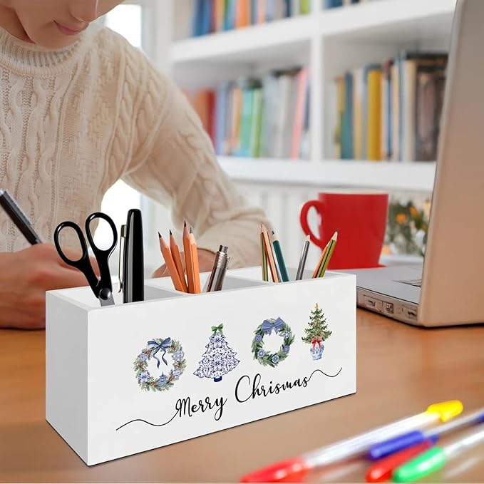 Chinoiserie Christmas Pen Pencil Holder Organizer for Desk Accessories, Christmas Office Decor, Coquette Blue Xmas Tree Wreath Wooden Box Signs Decorations for Home Office Desk Tabletop