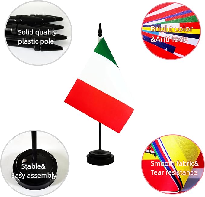 2 Pack Italy Desk Flag, Italian Table Office Flag with Solid Pole and Stand Base, International Country Flag, Festival Celebration, Classroom Meeting Desktop Decoration (Italy)