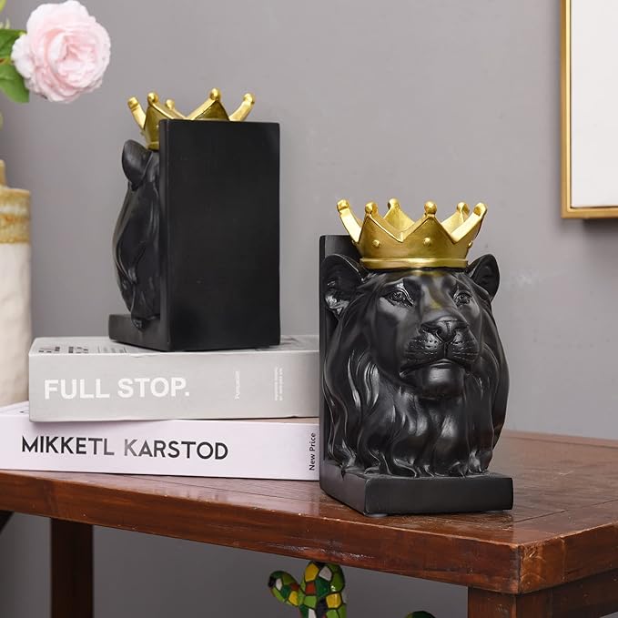 Book Ends Decorative, Lion Bookends for Shelves, Animal Book Stopper Decorative, Modern Book Ends for Heavy Books, Lion Figurines Statues Indoor, Unique Book Lover Gift(Black Lion)