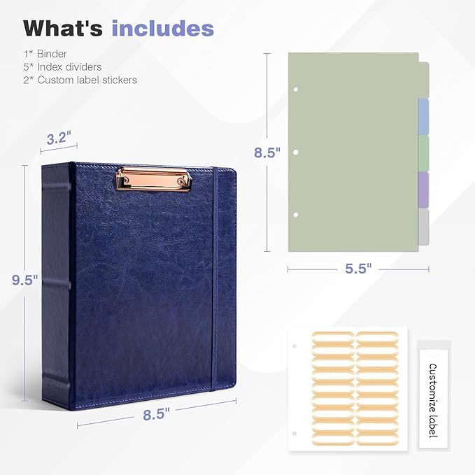 Ospelelf 2 Inch Mini Binder 3 Ring, Vintage Leather Clipboard Binders Dividers with Tabs 5.5" x 8.5", Professional Binder Organizer, Navyblue