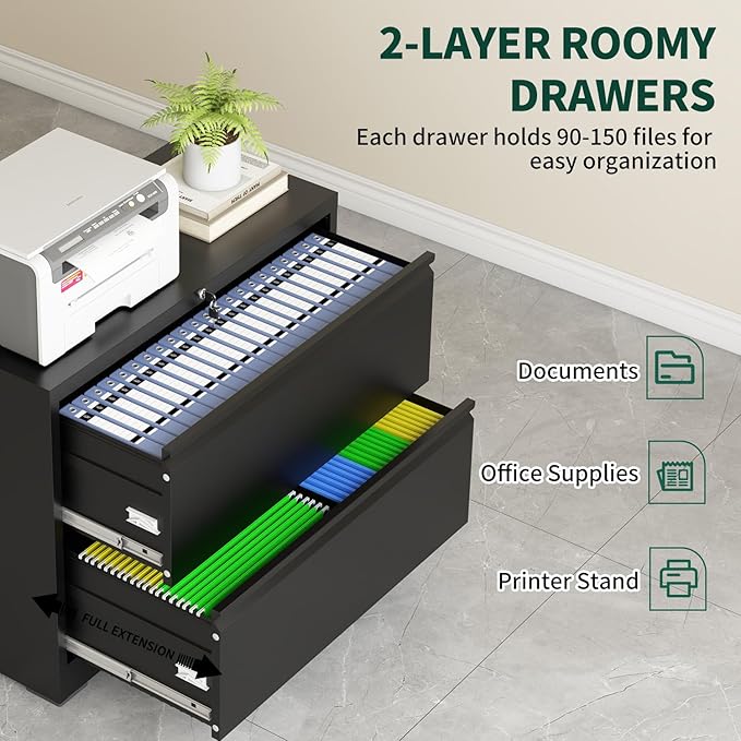 2 Drawer Lateral File Cabinet with Lock, 26.77“W File Cabinets for Home Office Legal/Letter A4 Size, File Cabinet Storage Cabinet,Require Assembly, Black