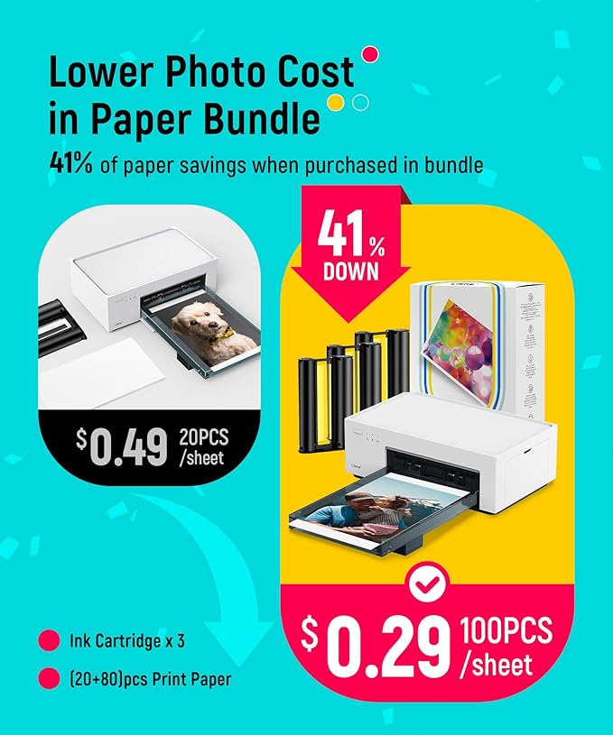 Liene M100 4x6'' Photo Printer, Phone Printer 100 Sheets & 3 Cartridges, Full-Color Photo, Portable Instant Photo Printer for iPhone Android, Thermal Dye Sublimation, Wi-Fi Picture Printer 100 Papers