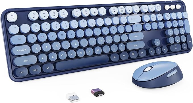 Wireless Keyboard and Mouse Combo, Retro Typewriter Keyboard with Round Keycaps, Full-Size Ergonomic, Blue, Ideal for Windows PC, Home, Office, and College, Wireless Keyboard Mouse Combo
