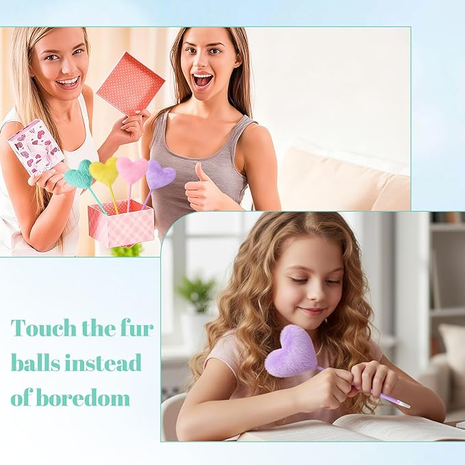 4 Pcs Pom Pom Ballpoint Pen, Cute Heart Shape Puffy Pens Fluffy Pen for Girls Women, Colorful Fluffy Ballpoint Pens for School, Office, Classroom Supplies