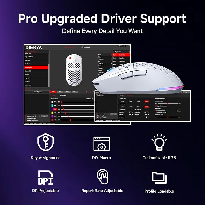 DIERYA M1 Wireless Gaming Mouse, 24000DPI, 180Hrs Battery, 16.8M RGB, 6 Programmable Buttons, Lightweight, Tri-Mode (2.4G/BT5.2/USB-C) for PC/Mac/Laptop - White