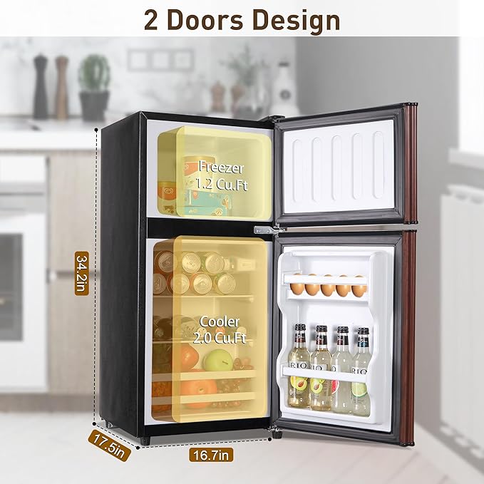 Mini Fridge with Freezer, 3.3 Cu. Ft. Double-Door Small Refrigerator with Adjustable 7-Level Thermostat & Separate Freezer, Dorm Fridge Compact for Kichen, RV, Office, Apartment, Wood