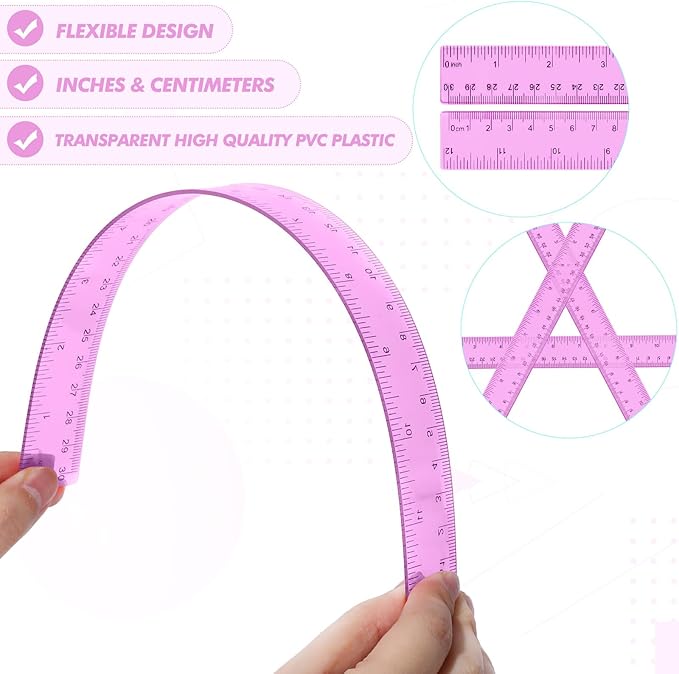 Zonon 2 Pack 12'' Plastic Ruler and 6'' Plastic Protractor Set Clear Ruler Protractor Set Math Geometry Supplies for School Classroom Home Office Drawing(Pink)