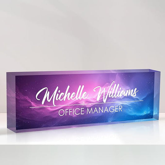 Personalized Name Plate for Desks, Custom Desk Name Plates, Acrylic Name Plate Office Desk Accessories, Personalized Office Gifts for Coworkers Teachers, Employee Appreciation Gifts (Purple Nebula)