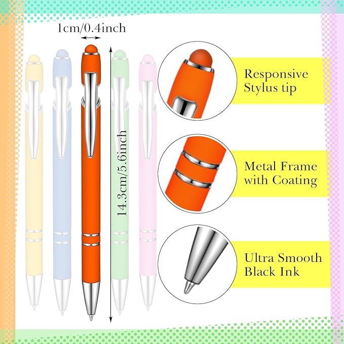 Zonon 38 Pieces Rubberized Ballpoint Pen with Stylus Tip Stylish Metal Pen Capacitive Styli with Soft Rubberized Grip, Black Ink for Most Devices(Chic Colors)