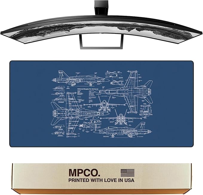 MPCO. Blueprints Large Gaming Desk Pad - 36" x 17" Aeroglyde Fabric 18A Hornets – Blue Desk Mats - Non-Slip, Washable, Smooth Glide for Precision Gaming & Work