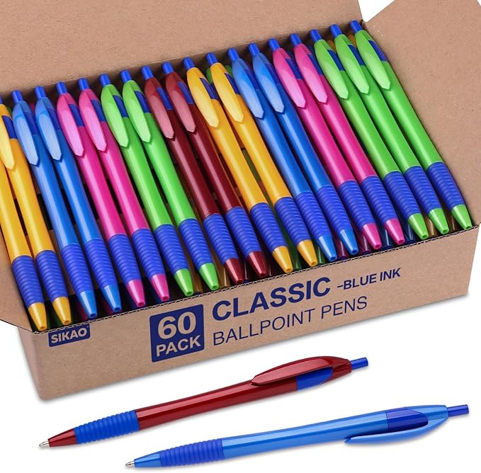 Pens Bulk, 60Pack Blue Gripped Slimster Bulk Ballpoint Smooth Writing No Smear, Blue Ink 1.0mm, Wholesale Click Retractable Server Pens, School Office Supplies