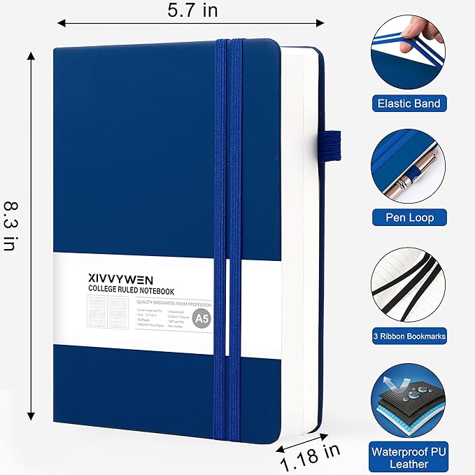Lined Journal Notebook for Women Men, 352 Pages A5(5.7" x 8.3")College Ruled Hardcover Leather Journals for Writing, Daily Journal Notebooks for Work, Note Taking, Travel, School, Business (Navy blue)