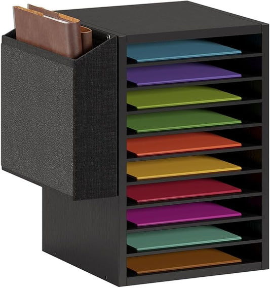 Office Mail Sorter, Wooden Paper Organizer With Storage Bag, 10 Tier Adjustable Classroom Mailbox, Removable Classroom Organization, Teacher Desk Organization for Office, Study, Black