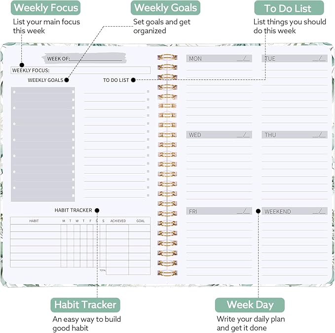 Undated Weekly Planner, A5 Weekly To Do List Notebook with Habit Tracker Spiral Binding Weekly Planner Notebook with Stickers Home Work School Supplies, Grean Leaves