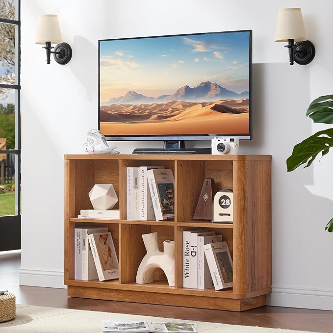 6 Cube Storage Book Shelf, 40" Wide Low Horizontal Bookcase with Curved Edge, Floor Standing 2-Tier Wooden Bookshelf with Base, Modern Short Book Case for Bedroom, Study, Entryway, Brown