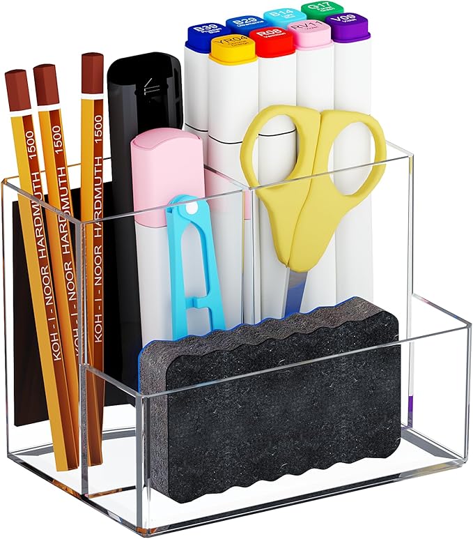 Marbrasse Acrylic Magnetic Pen Holder, Dry Erase Marker Holder, Magnetic Whiteboard Pencil Holders for Refrigerator, Locker, School and Office,Clear
