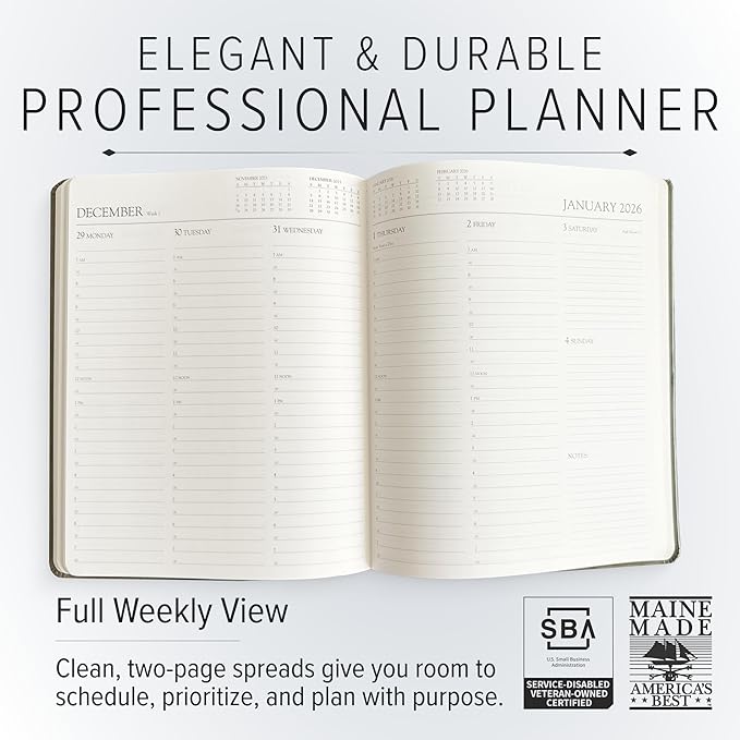 Gallery Leather Professional Weekly Monthly Planner 2026, Elegantly Bound Calendar Planner and Notebook with Stylish Gold-Gilded Page Edges, 12 Months - Monhegan Saddle - 9 x 7 "