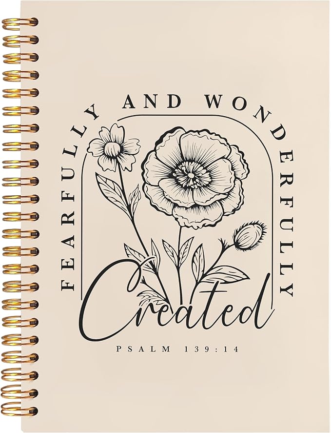 BearCake Floral Christian Notebook Journal, Christian Gifts for Women, Fearfully and Wonderfully Bible Journaling Prayer Journal for Women, Neutral Hardcover Spiral Notebook 5.5x8.3