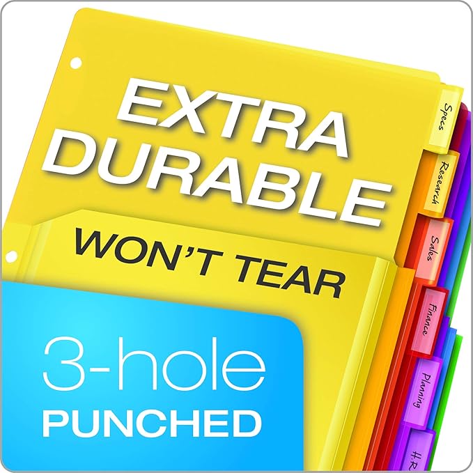 Oxford Expanding Plastic Binder Dividers, Divider for 3 Ring Binder, Flexible Front Expanding Pockets, 8 Tab, Insertable Multicolor Tabs, Letter Size, 3 Sets (89605) (Pack of 8)