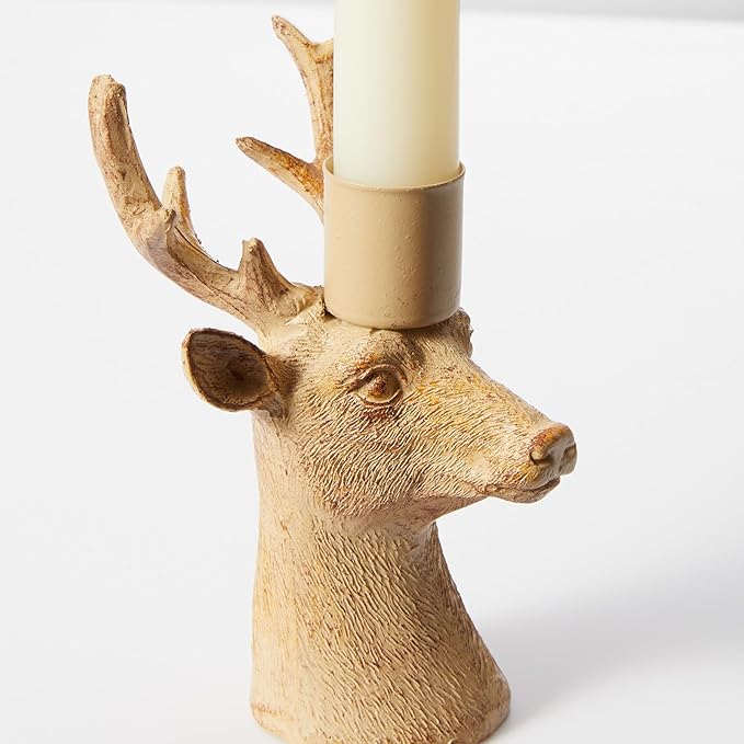 DN DECONATION Christmas Candle Holders Set of 4 – Reindeer Taper Candle Holders in Rustic Wood Color, Deer Head Candlestick Holders Holiday Tabletop Decor for Living Room, Fireplace, Party & Gift